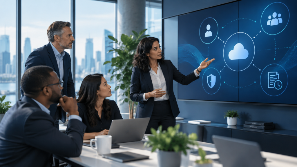 Business and IT leaders reviewing Microsoft 365 identity and access governance in a modern meeting room