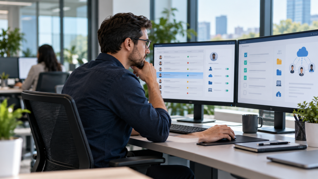 IT administrator reviewing a secure Google Workspace employee offboarding workflow and shared data ownership