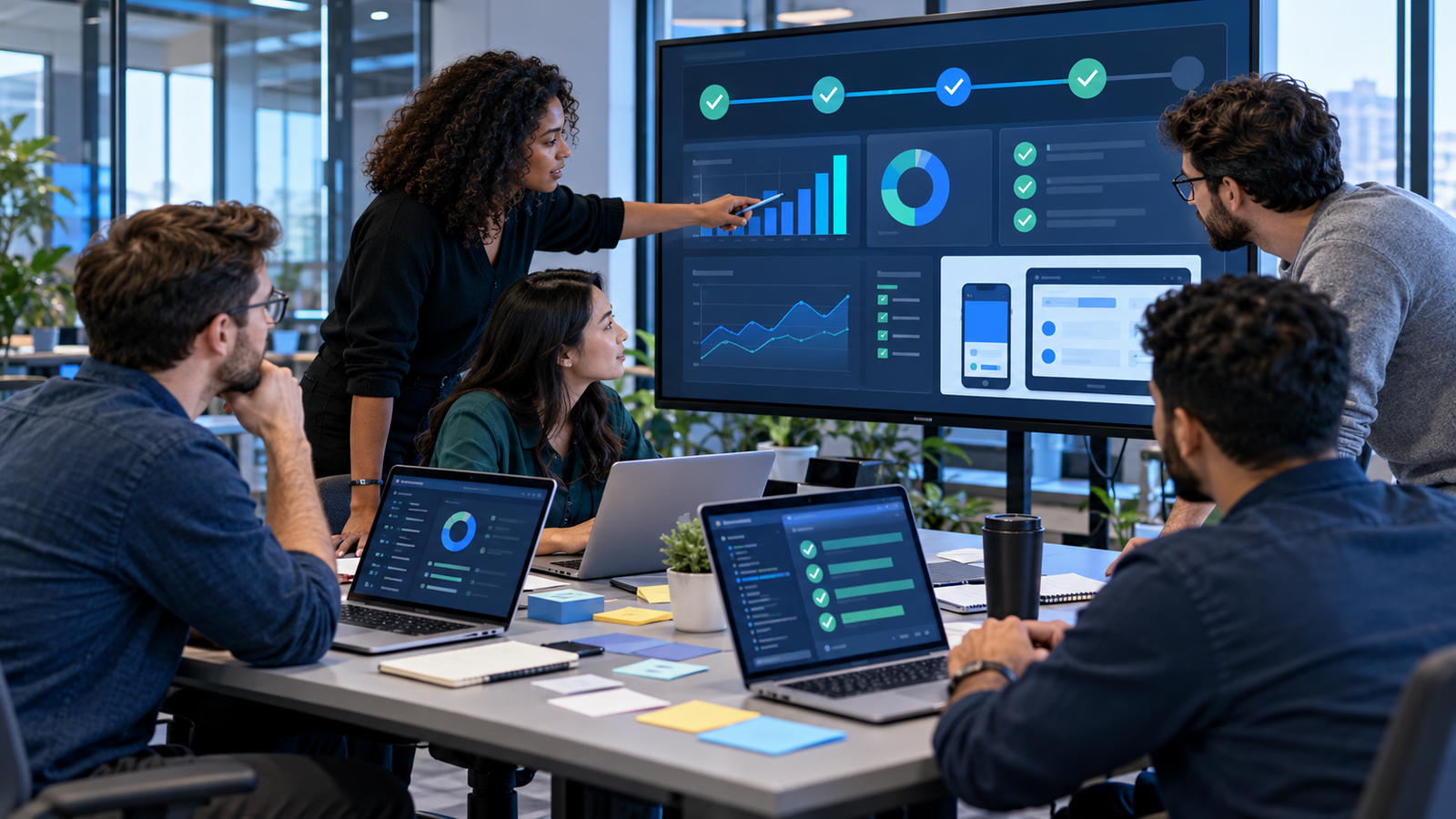 Software developers, QA specialist and product owner reviewing release readiness evidence before application deployment
