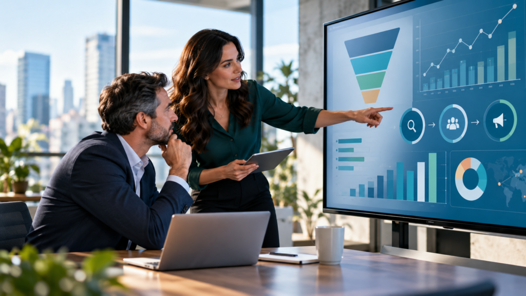 Marketing analyst and business leader reviewing search, social media and qualified lead performance