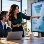 Marketing analyst and business leader reviewing search, social media and qualified lead performance