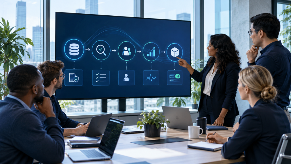 Business, engineering and operations teams reviewing an AI workflow from governed data through testing and production monitoring