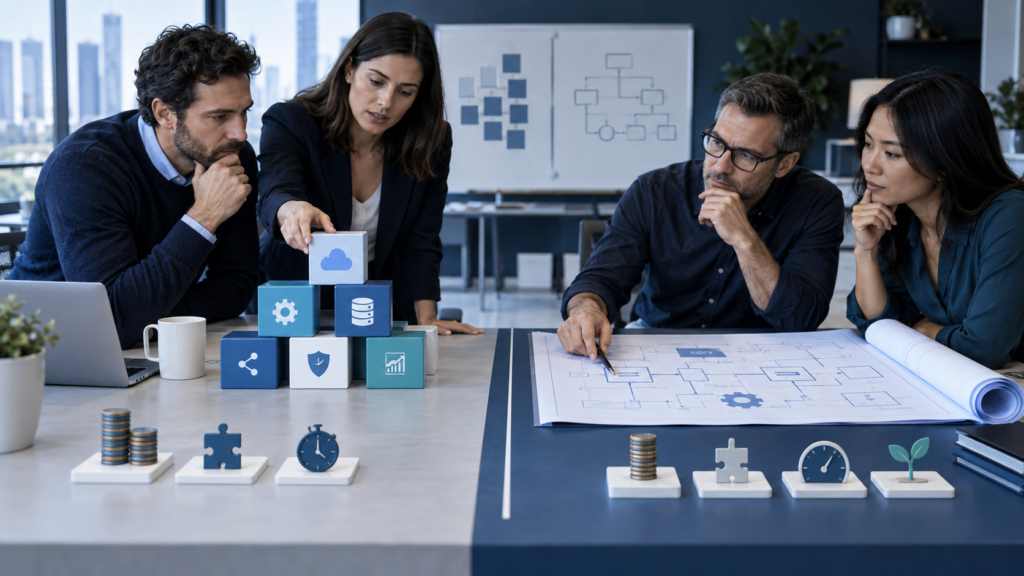 Business leaders and software architects comparing configurable software modules with a tailored application blueprint