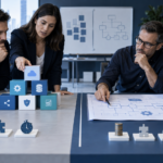 Business leaders and software architects comparing configurable software modules with a tailored application blueprint